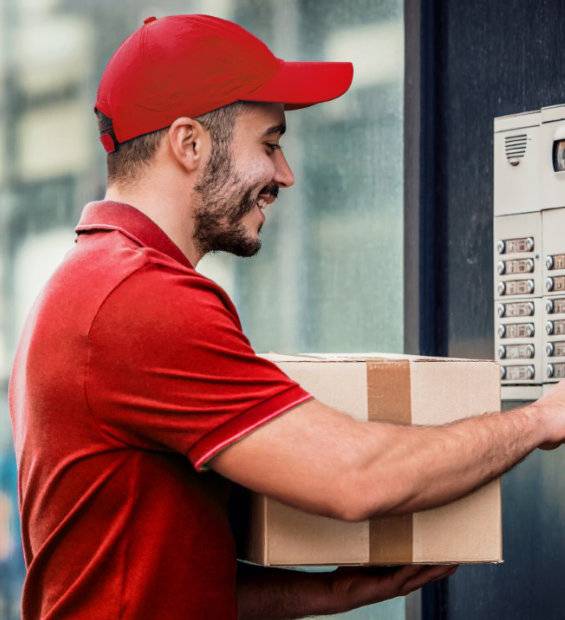 On time. Courier delivering package to customer